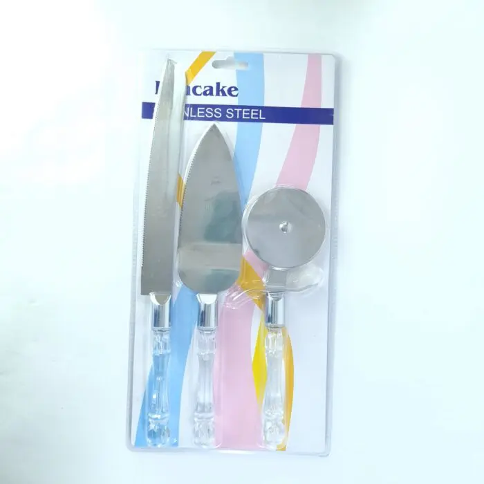 Attractive Stainless Steel Cake Knife Server Set and Pizza Cutter with Acrylic Handle 3pcs/set | BSI 04