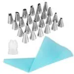 BSI 176 main 0326 Nozzles, 1 Coupler & 1 Reusable Silicone Icing Bag Kit for Cup Cake, Muffin, Cake Icing, Piping and Decoration (Total 26 Pieces with Storage Box)