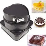 BakeGuru® 3 In 1 Carbon Steel Spring Form Heart, Round, and Square Shape Non-Stick Cake Molds with Removable Base | BSI 32