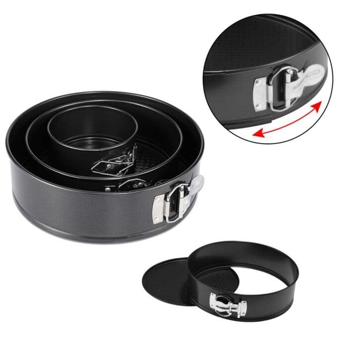 SpringForm Reflon Coated Cake Mould | Non-Stick Cake Pan | Baking Tray, | Removable Cake Mould, 3 Pcs, Round Black | BSI 57