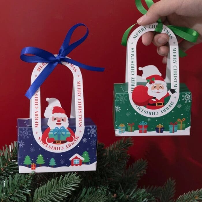 Christmas Ribbon Hand Luggage Box Party & Event Gift Cookies Candy Biscuit Chocolate Handheld Packaging Child New Year Favors | Leela 2704 (Pack of 10) | Blue Colour