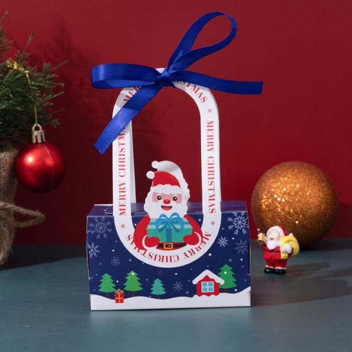 Christmas Ribbon Hand Luggage Box Party & Event Gift Cookies Candy Biscuit Chocolate Handheld Packaging Child New Year Favors | Leela 2704 (Pack of 10) | Blue Colour