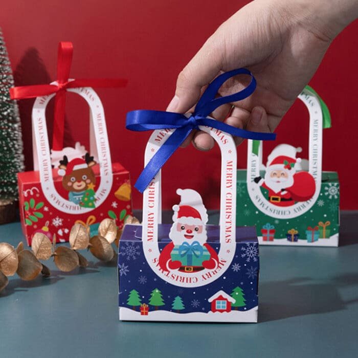Christmas Ribbon Hand Luggage Box Party & Event Gift Cookies Candy Biscuit Chocolate Handheld Packaging Child New Year Favors | Leela 2704 (Pack of 10) | Blue Colour